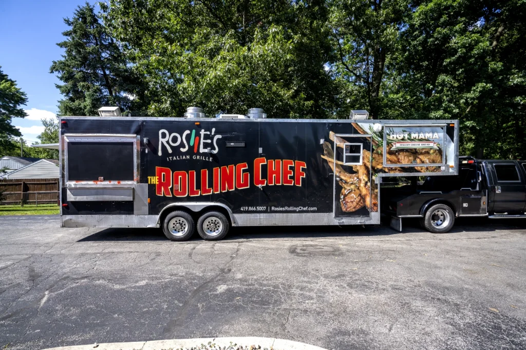 2013 Ford F450SD Flatbed Truck with Black Food Trailer